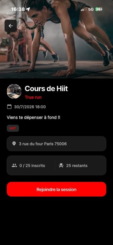 Écran de réservation d'une session