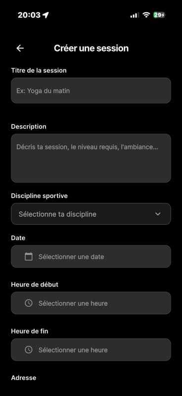 Écran de création de session pour organisateur sportif